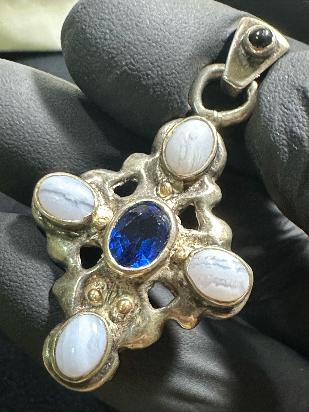 Vtg: Farrah Fawcett Sterling Blue Lace Agate Spinel & Moonstone Pendant